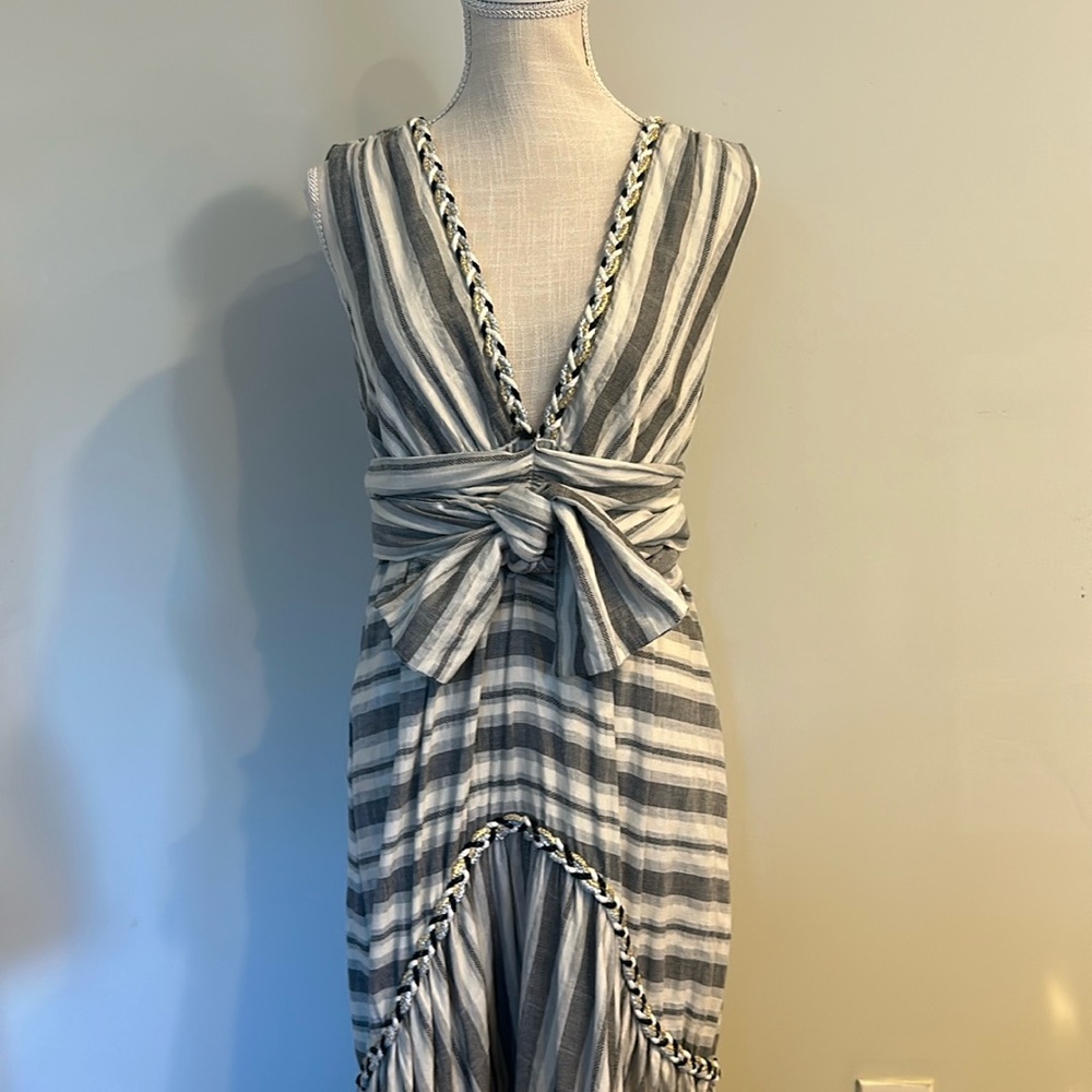 Misa Los Angeles, sleeveless maxi dress, black and cream striped